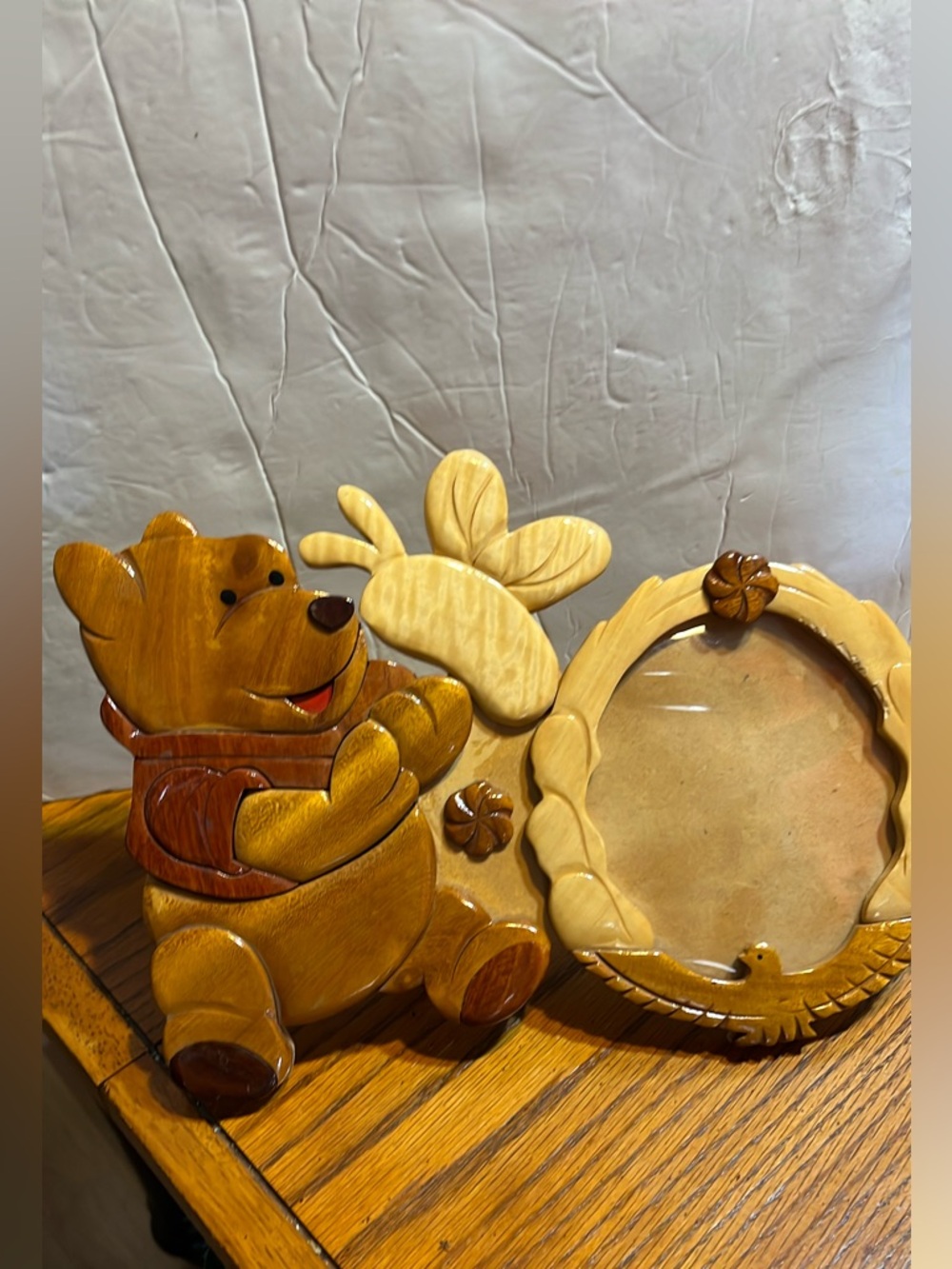Handcrafted 90’s Wood Winnie Pooh Style Bear Photo Frame Golden Brown butterfly